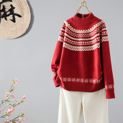 套头半高领提花保暖针织毛衣上衣