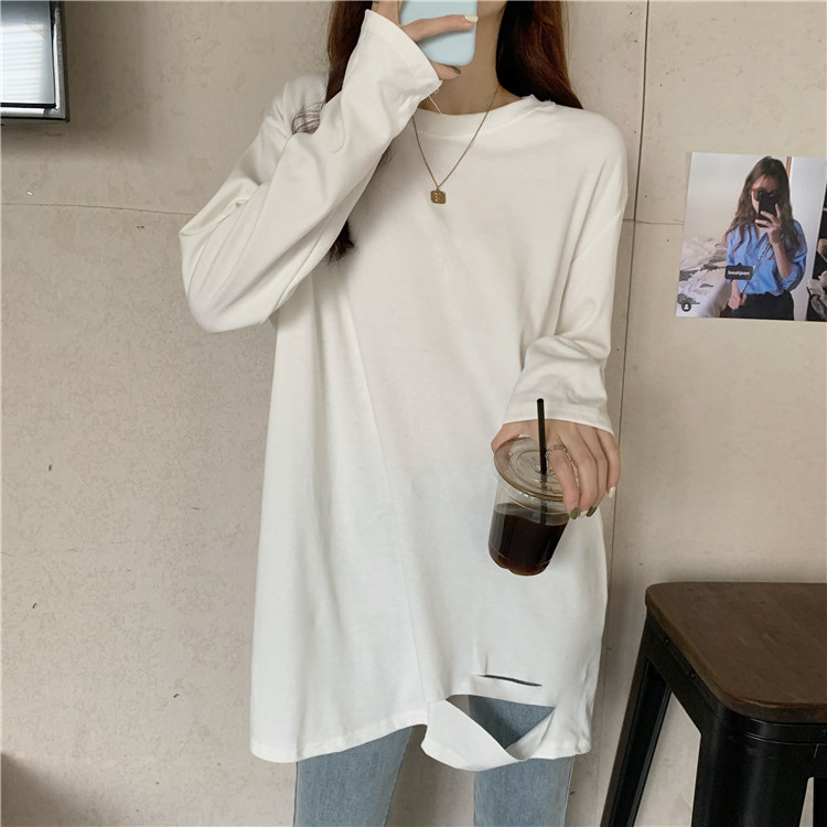 Real shot autumn and winter solid color loose cut middle length lower garment missing hole long sleeve T-shirt backing shirt