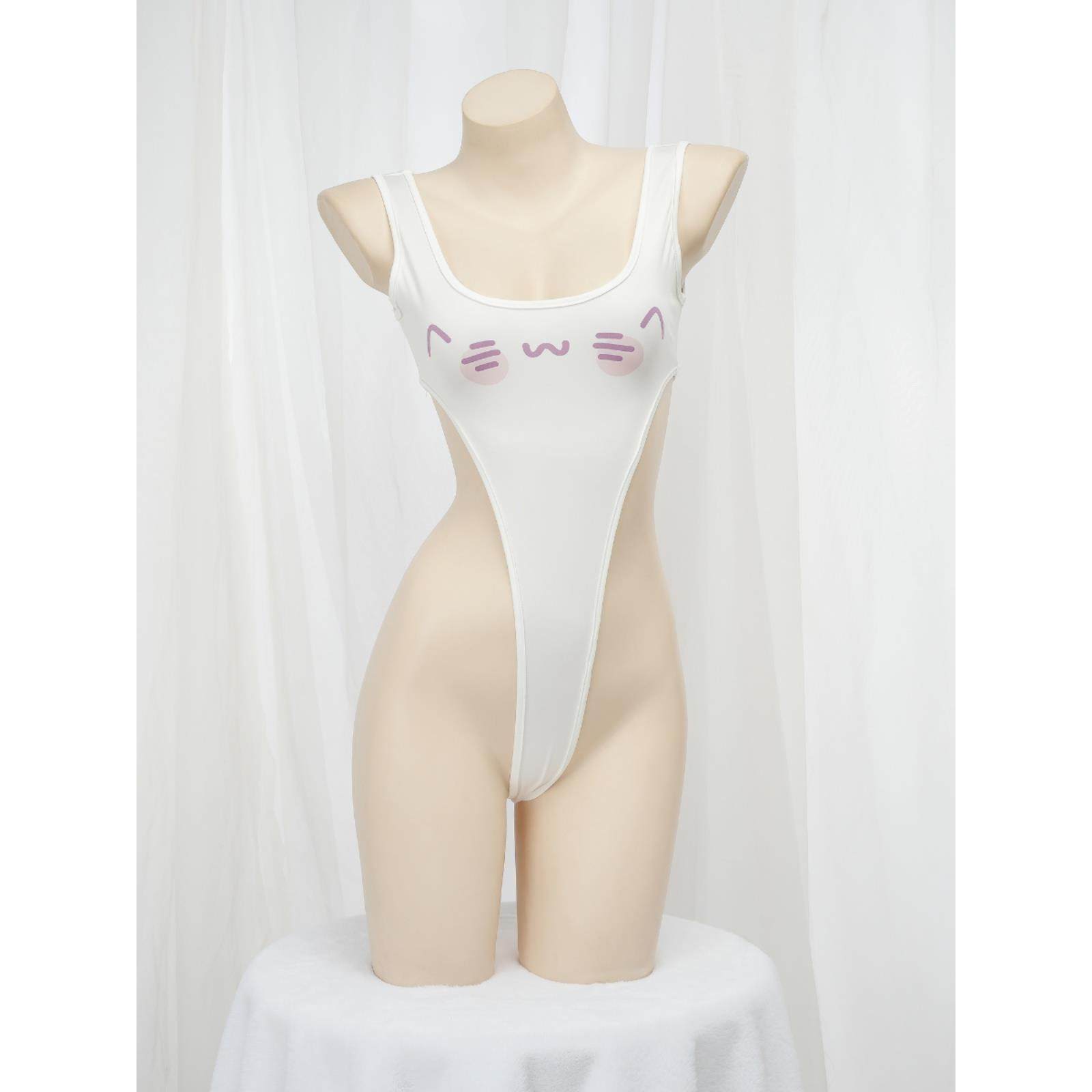 颜文字喵喵连体比基尼 二次元高叉泳衣私房睡衣性感印花家居服