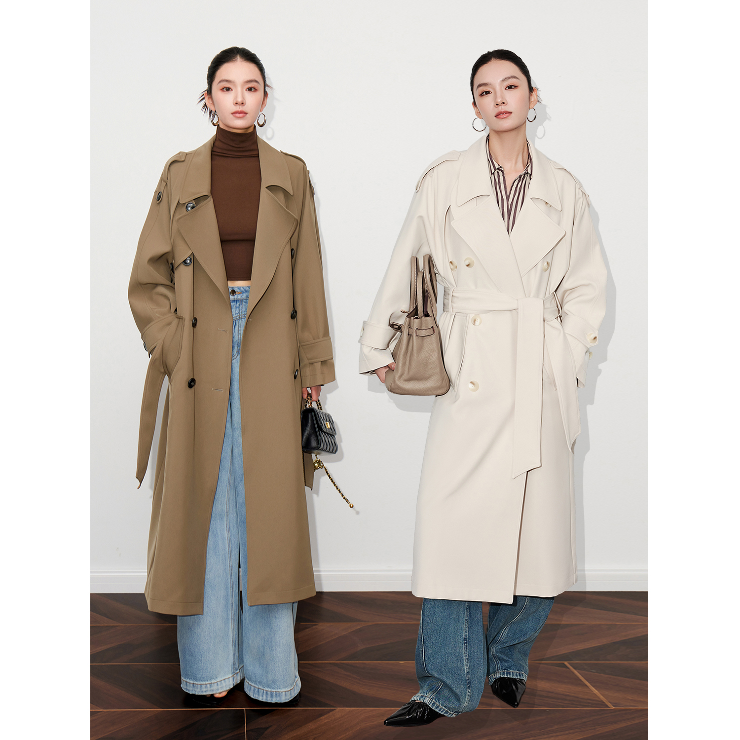 卡其色双排扣宽松长款精品风衣