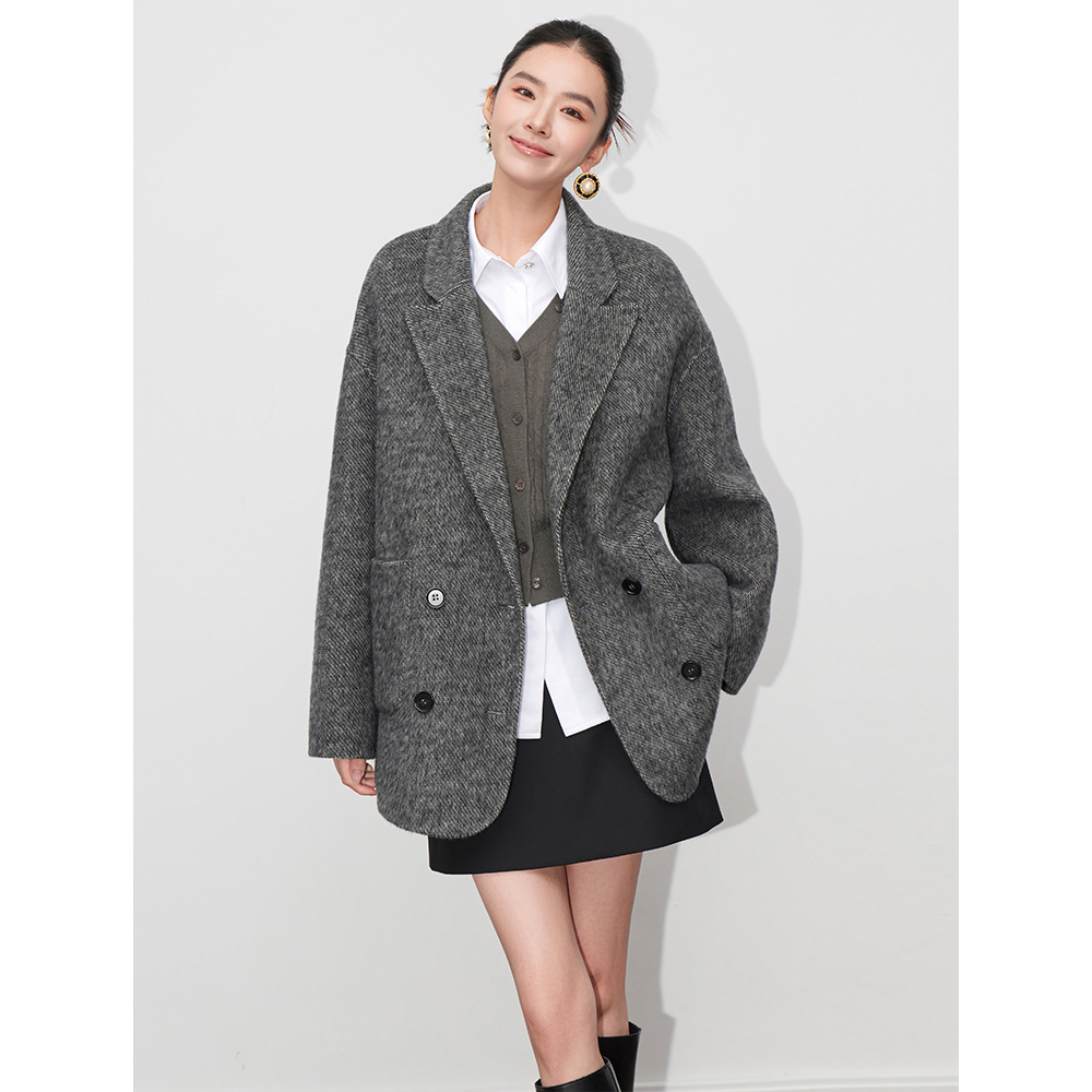 羊驼毛短款宽松慵懒风双排扣外套