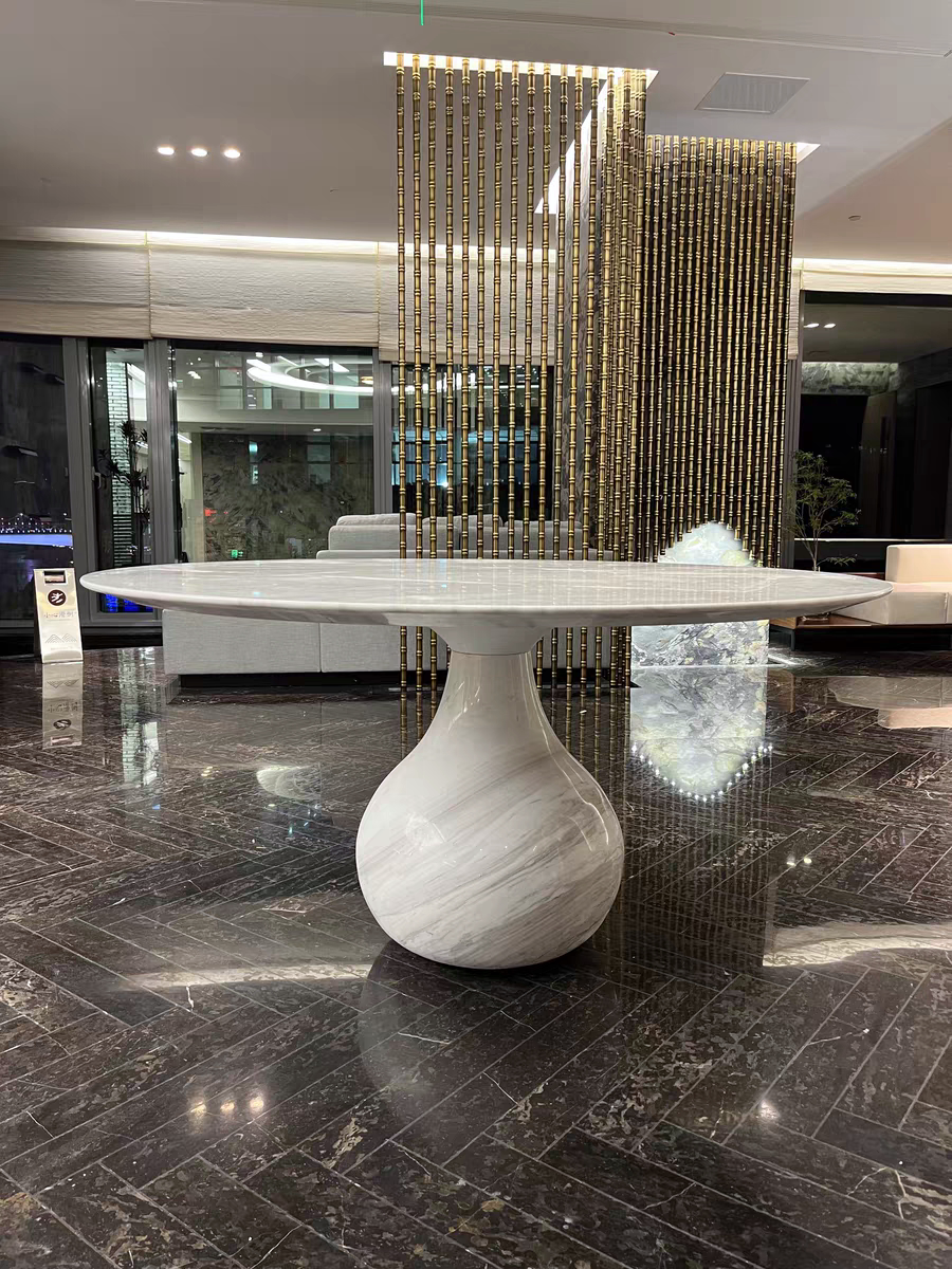 意大利设计师款大理石水滴造型餐桌高端酒店大理石罗琦堡圆桌子