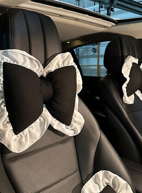 汽车头枕护颈枕一对蕾丝边棉麻蝴蝶结主驾驶腰靠车内靠枕座椅颈枕