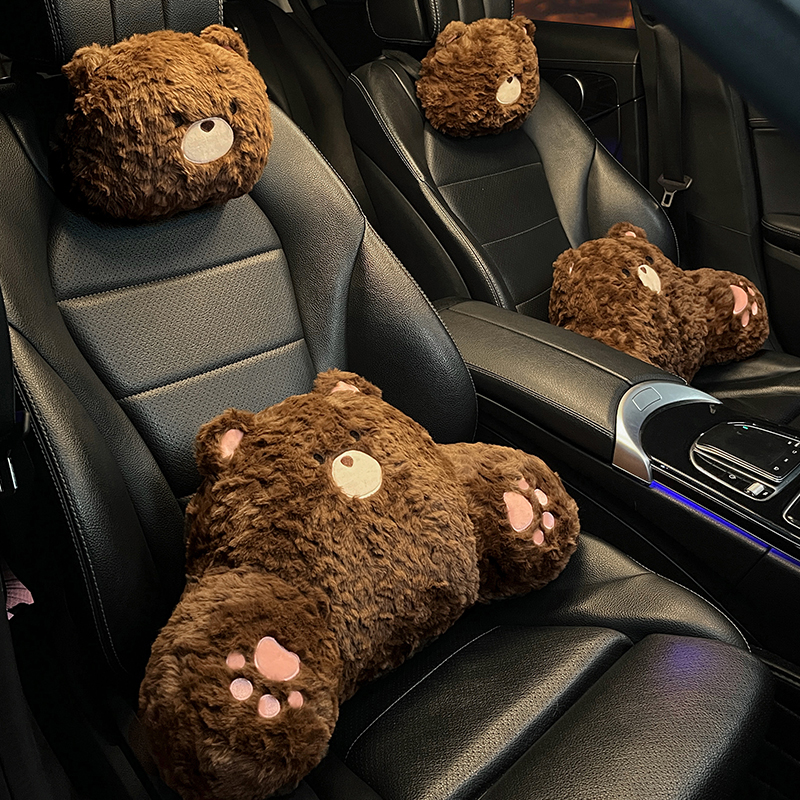 汽车头枕护颈枕一对可爱毛绒小熊女生腰靠车内装饰品靠枕座椅颈枕