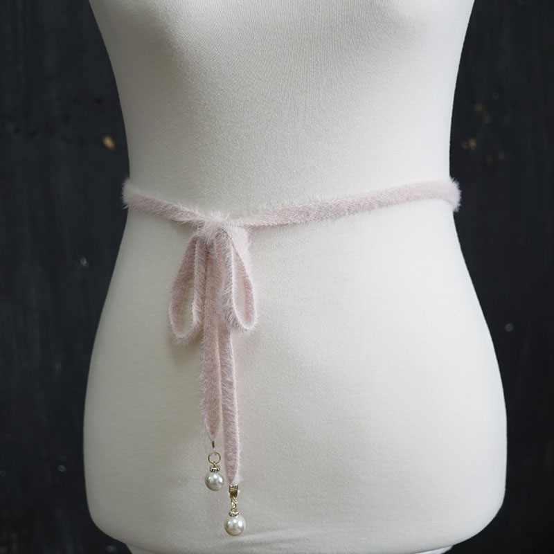 韩版手工兔毛腰带珍珠女打结针织腰绳装饰连衣裙百搭毛衣衬衫腰链
