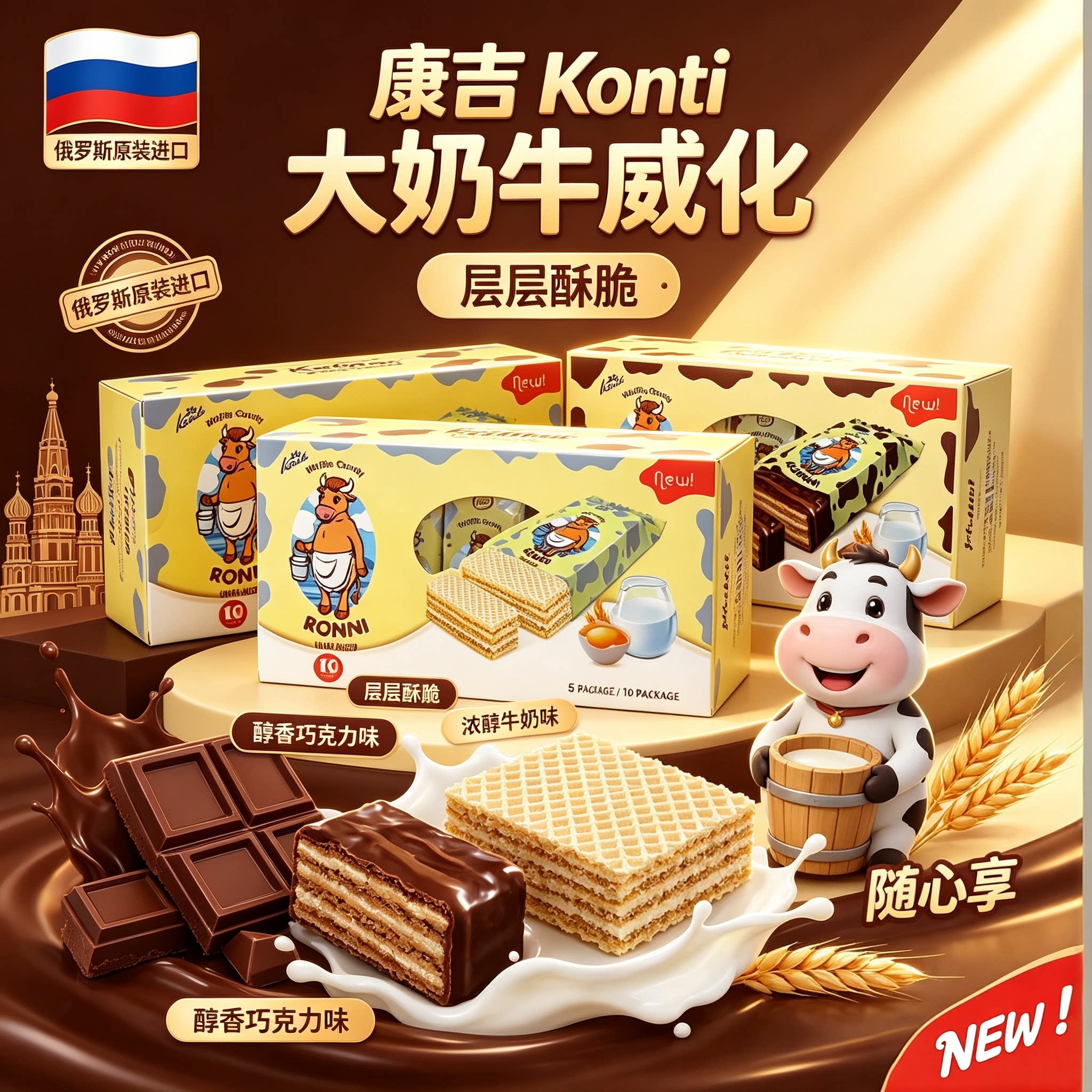 俄罗斯进口大奶牛巧克力威化饼干牛奶味konti康吉牌零食礼品年货