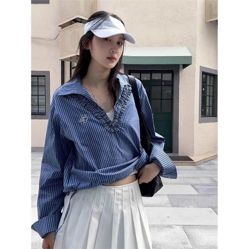韩系v领格子衬衫女春夏季