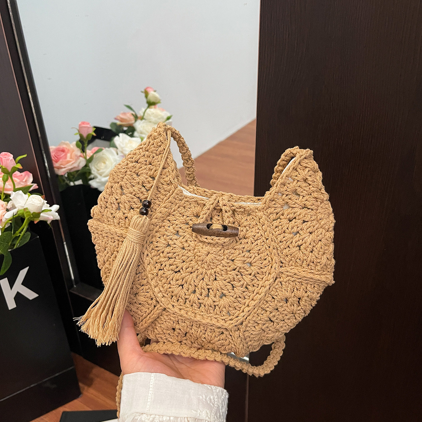 度假慵懒风手工草编流苏斜挎包