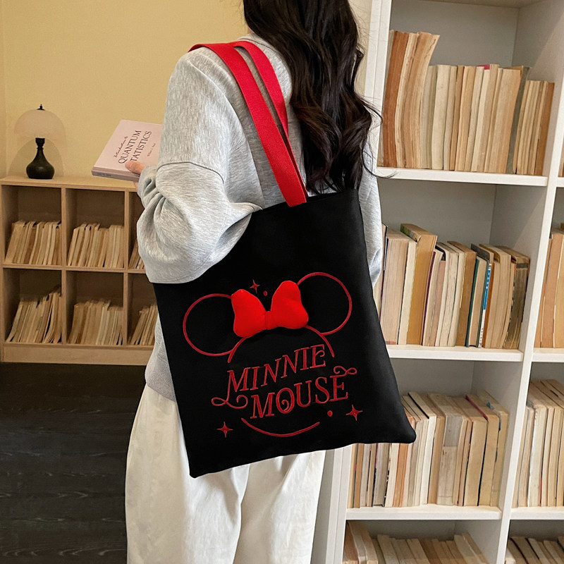 卡通可爱米奇刺绣帆布包女大容量单肩手提学生党上课包通勤妈咪包