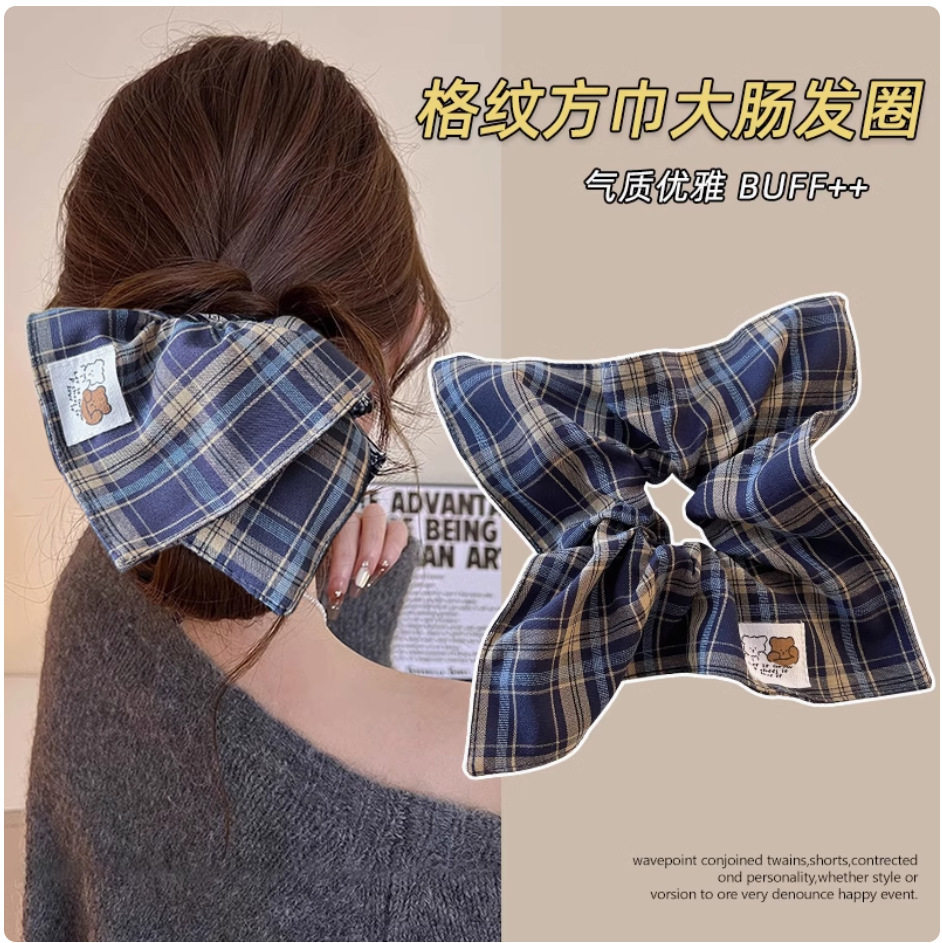 贴标小熊格子大肠方巾发圈女布艺发绳秋冬氛围感发饰高弹性扎头绳