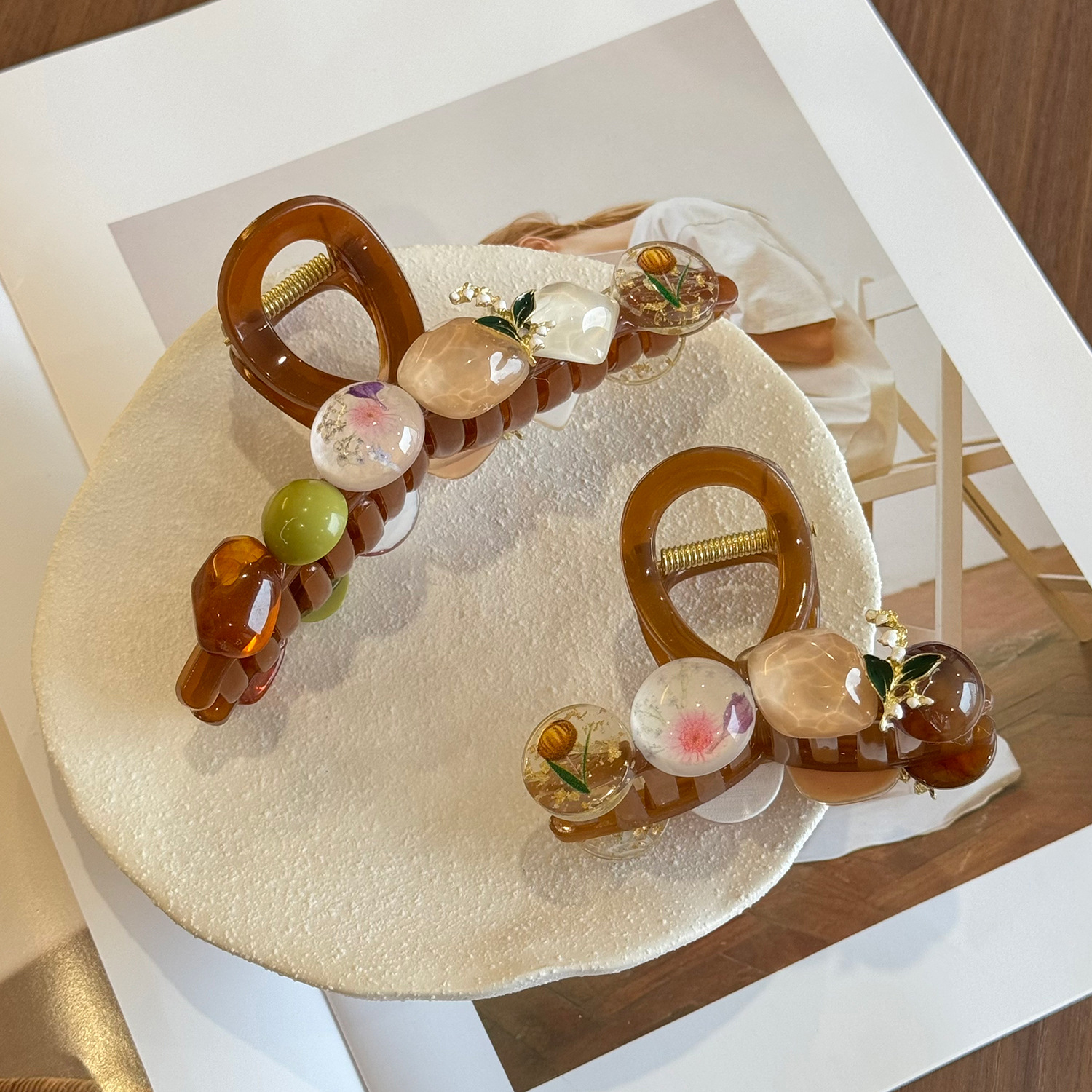 复古感珠子抓夹后脑勺盘发鲨鱼夹大号百搭夹子精致发夹发饰