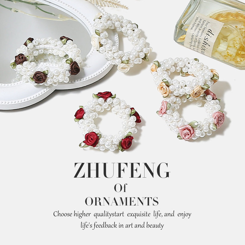 复古法式玫瑰花珍珠发圈超仙发绳ins手工编织头绳日韩发饰女