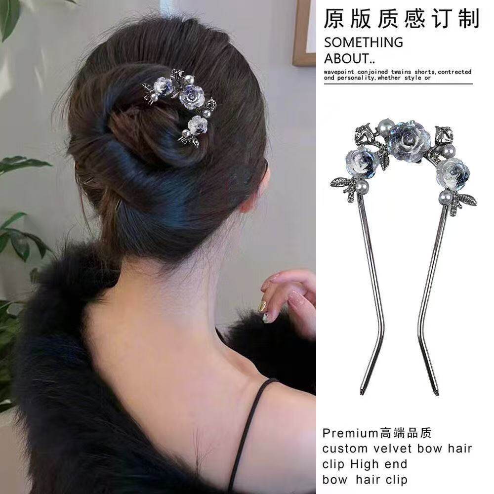 春款国风蓝色四齿珠珠玫瑰花新中式盘发簪子后脑勺盘发器发饰头饰