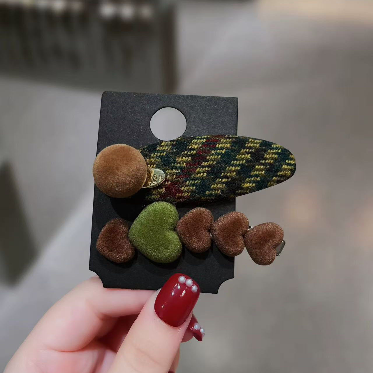 东大门复古绿色格纹发夹立体植绒爱心侧边夹甜美百搭刘海夹鸭嘴夹