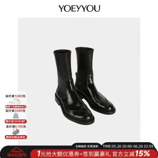 YOEYYOU 立体圆头弹力牛皮英伦风粗跟靴子 2023新品 真皮及踝短靴