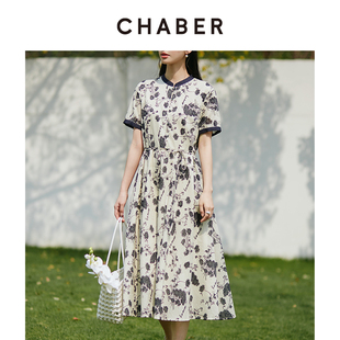 chaber显瘦优质巧帛夏季新款V领刺绣棉绣花连衣裙百搭女式裙子