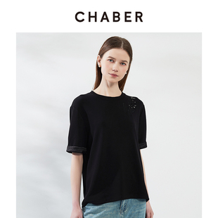 chaber字母巧帛夏季新款新中式刺绣短袖上衣纯色圆领休闲宽松显瘦