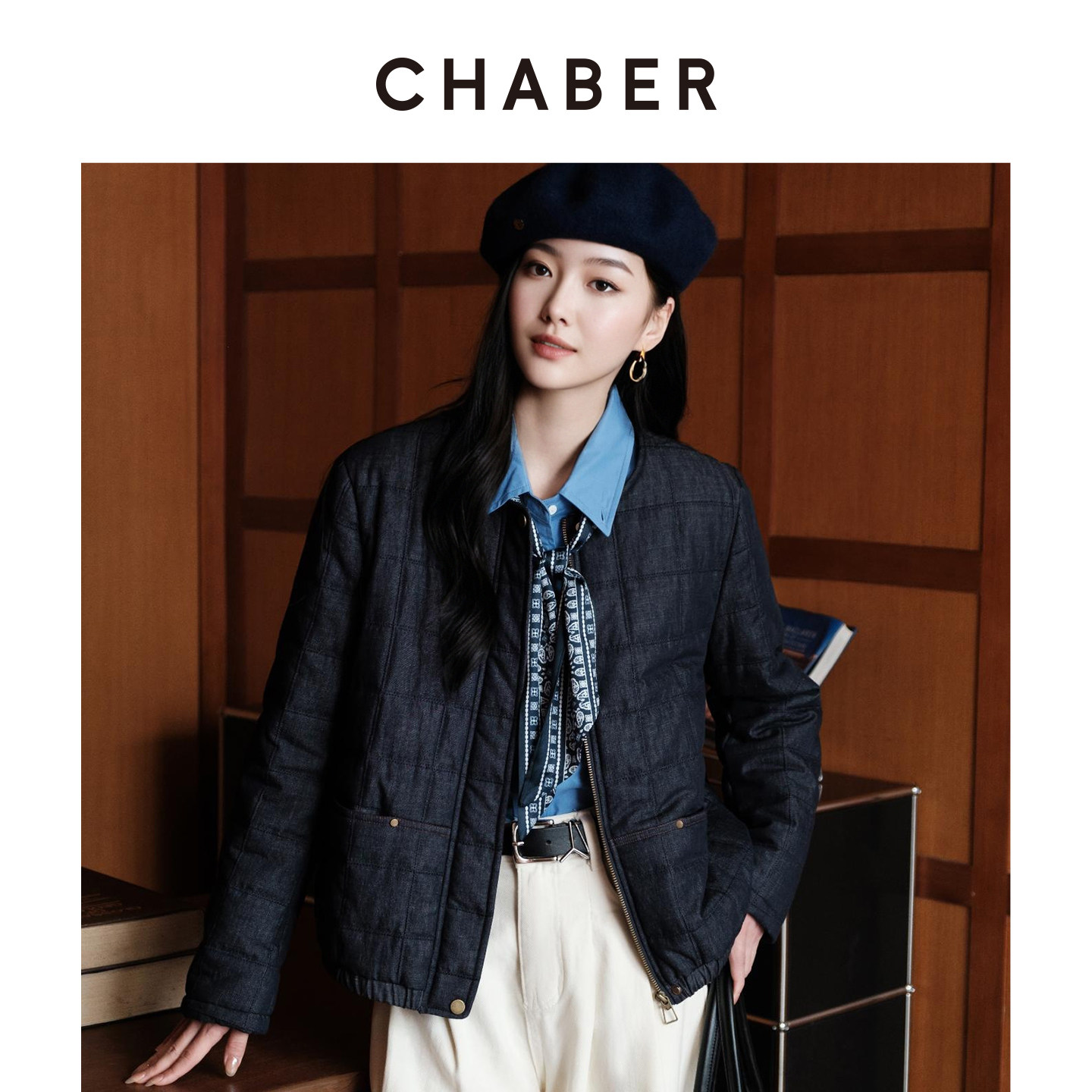 CHABER巧帛格纹牛仔短外套