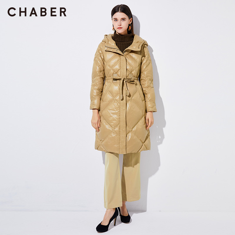 chaber巧帛Q秋冬新品连帽中长款过膝羽绒服时尚加厚外套