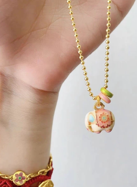 古法彩色珐琅粉色可爱小号项链