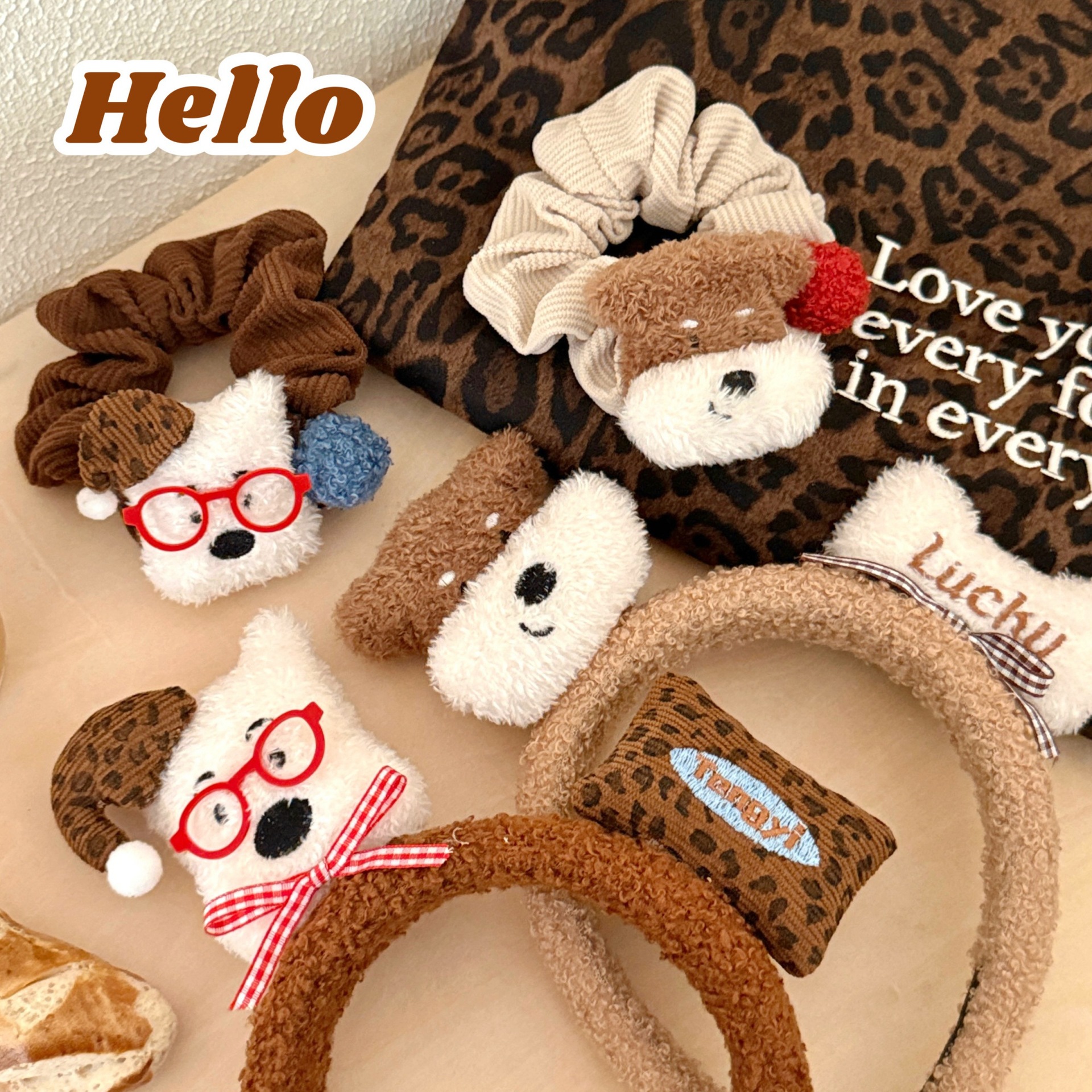 可爱毛绒小狗发箍发绳少女心高马尾百搭大肠发圈盘发头绳卡通头箍