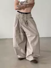 Fuzziness All-Cotton Texture, Structured and Loose Casual Pants with a Vintage-Inspired Design, Pleated Commuter Wide-Leg Pants
