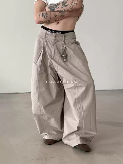 Fuzziness All-Cotton Texture, Structured and Loose Casual Pants with a Vintage-Inspired Design, Pleated Commuter Wide-Leg Pants