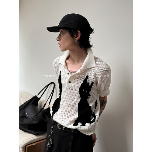 美式老钱趣味猫猫图案短袖针织衫