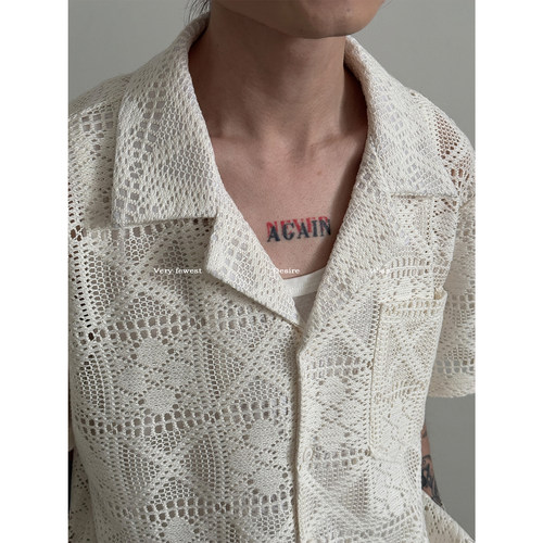 复古法式古巴领镂空短袖针织衫