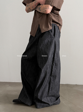 VERY FEWEST 复古老钱仿牛仔棉麻阔腿裤男女松弛感宽松拖地休闲裤