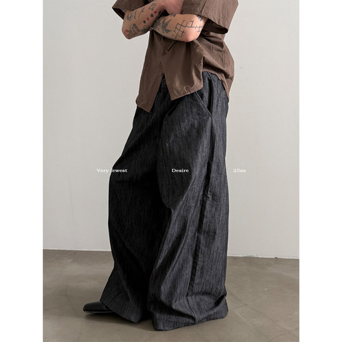 复古老钱仿牛仔棉麻阔腿裤男女