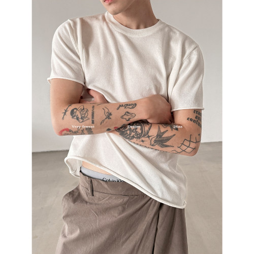 复古老钱风卷边设计短袖针织衫