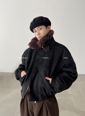 VERY FEWEST 复古翻毛领短款麂皮夹克男女设计感加厚夹棉廓形外套