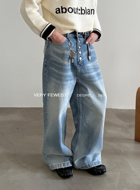 VERY FEWEST 小众纽扣门禁直筒牛仔裤男女款设计感猫须水洗阔腿裤