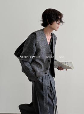 VERY FEWEST 法式高级灰人字纹叠穿马甲中性老钱风混纺西装马夹