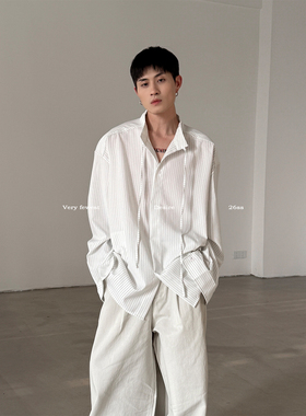 VERY FEWEST 简约廓形立领条纹衬衫春夏松弛感系带长袖衬衣男女款