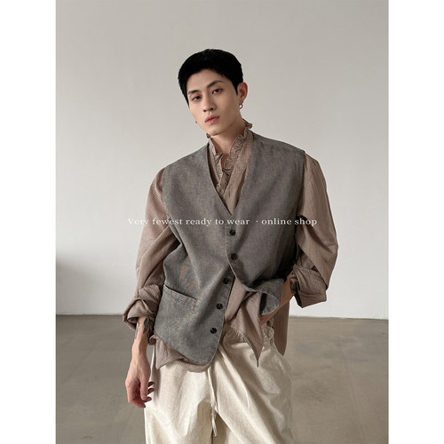 复古时髦廓形单排扣水洗牛仔马甲