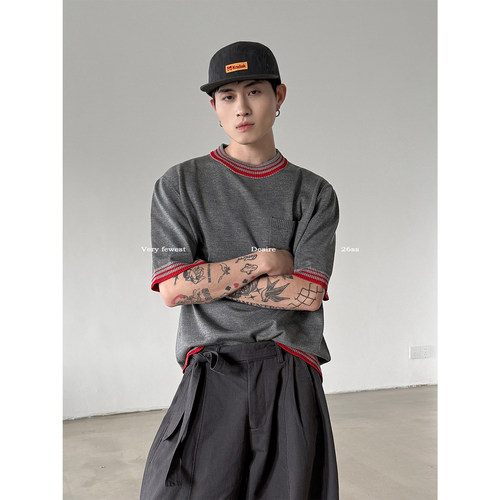 vintage宽松垂感撞色短袖针织衫