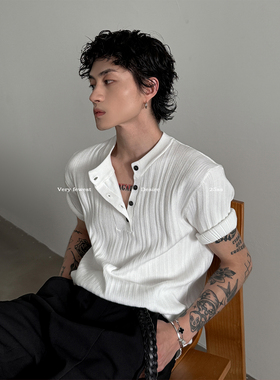 VERY FEWEST 高弹肌理感套头针织衫夏季通勤老钱风亨利领短袖T恤