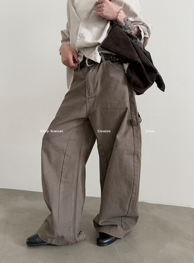 VERY FEWEST 重磅100%纯棉多口袋水洗牛仔裤设计感阔腿弯刀裤子