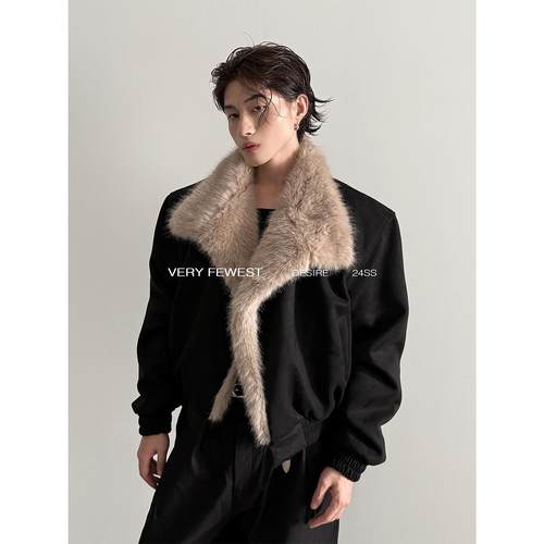 垫肩设计夹克毛毛领冬季廓形短款