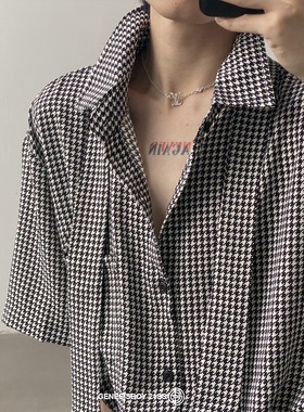 GENESISBOY 韩版ins同款配领带时髦感千鸟格薄款垂感短袖衬衫男女