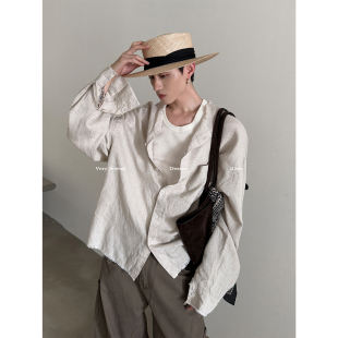 松弛慵懒廓形开衫 VERY 衬衫 老钱vintage亚麻水洗毛边长袖 FEWEST