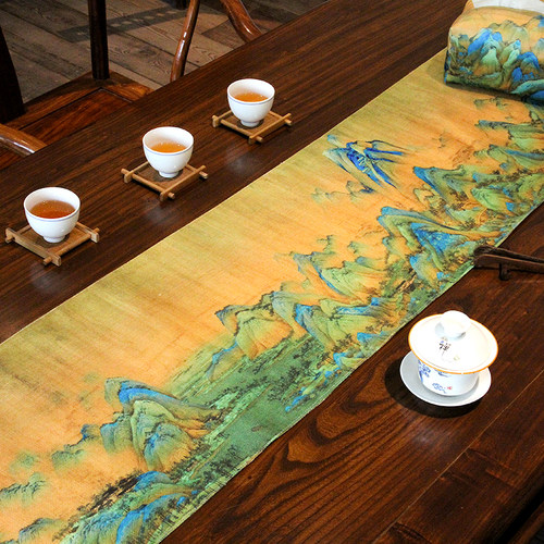 「只此青绿」艺术茶席防水桌旗