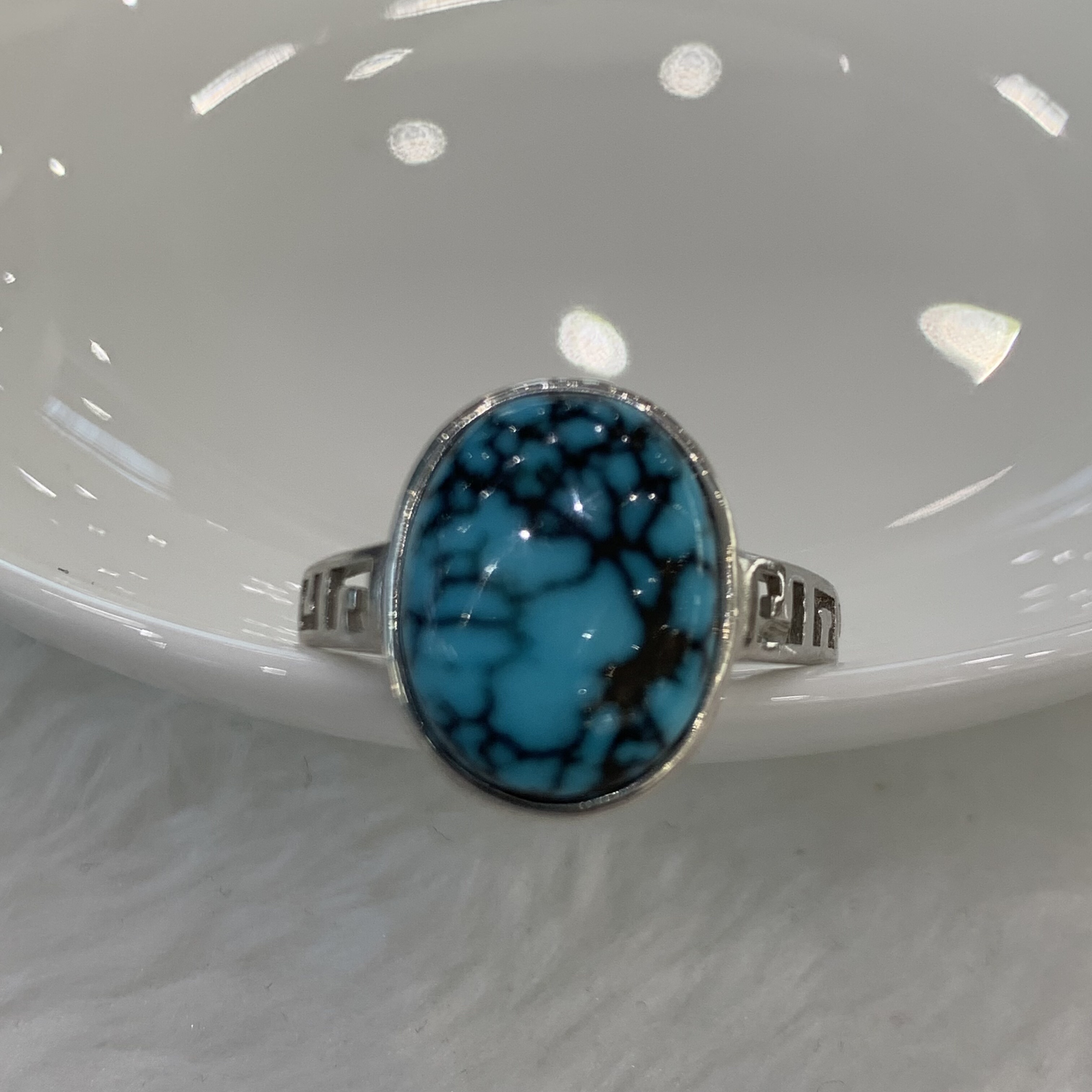 湖北原矿绿松石蛋面款水草纹戒指高瓷高绿蓝玉化料s925银精工镶嵌