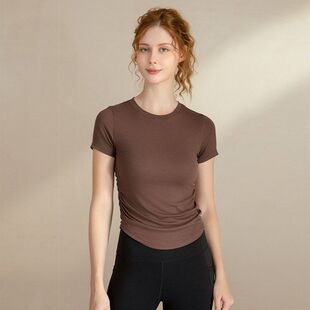 瑜伽服女夏季新款紧身弹力修身健身服收褶EBB运动短袖t恤上衣