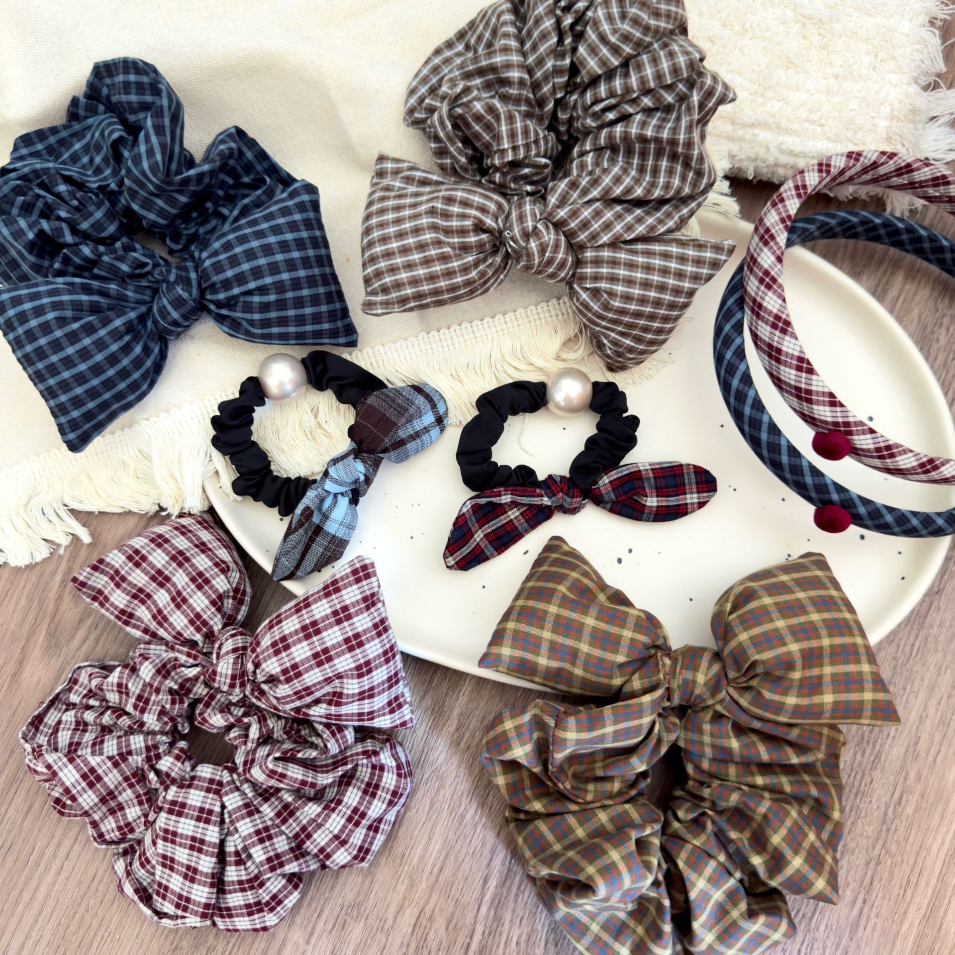 韩系复古格纹蝴蝶结儿童发圈发箍头箍发绳蝴蝶结大肠发圈