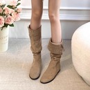 不过膝绒面真皮长筒靴平底圆头两穿显瘦西部牛仔靴复古骑士靴女