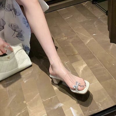 绝美蝴蝶透明带中粗跟百搭凉拖鞋