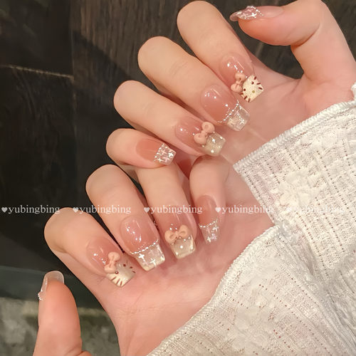 【甜心猫咪】腮红法式猫眼粉色可爱甜美蝴蝶结短款纯手工穿戴美甲
